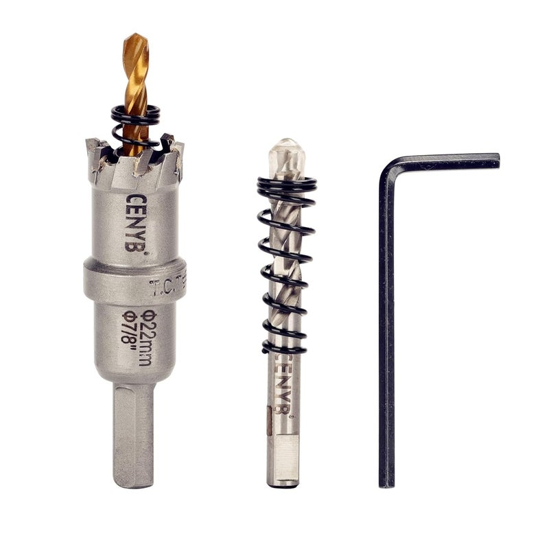 cenyb 7/8" (22mm) Tungsten Carbide Tipped Hole Saw with 2Pcs Titanium-Plated Pilot Drill Bits for Hard Metal,Stainless Steel,Iron,Aluminum Alloy,Wood and Plastic - Image 1